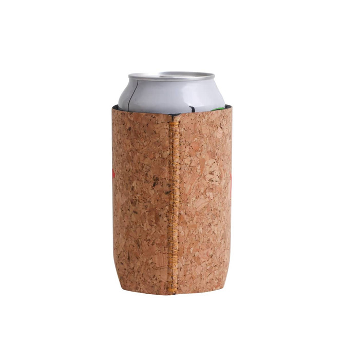 A cork stubby holder in a natural colour, holding a can. The holder features stitching and has a logo.
