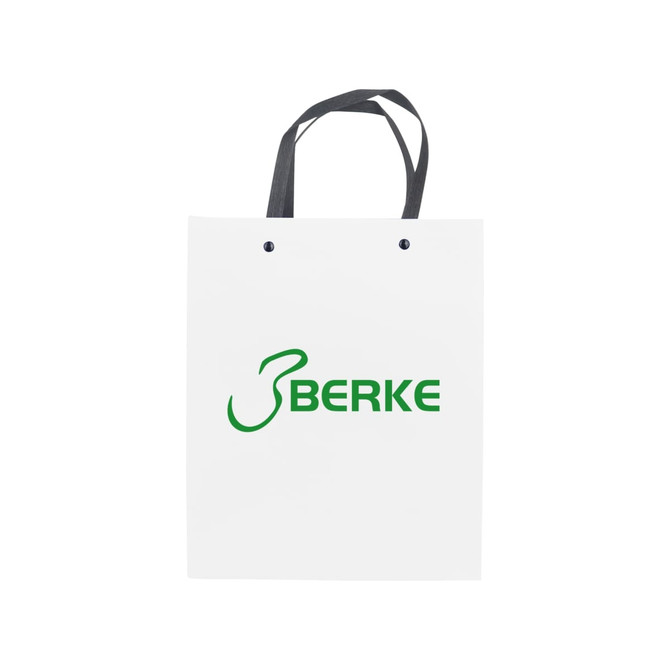 A white knitted handle bag with lamination, featuring a logo. The handles are dark grey.