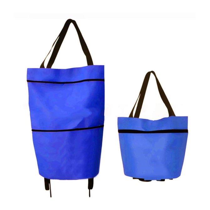 A blue collapsible shopping trolley bag displayed in two sizes, featuring black accents and straps.