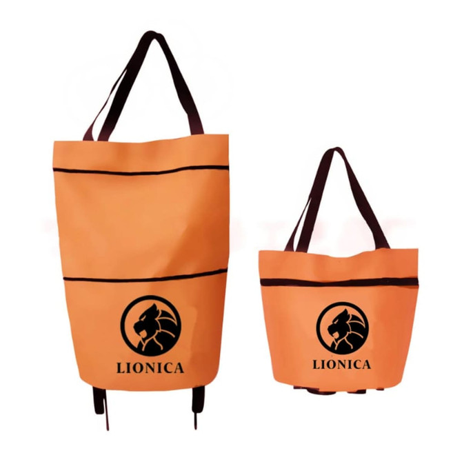 An orange collapsible shopping trolley bag with a black logo and straps, shown in two sizes.