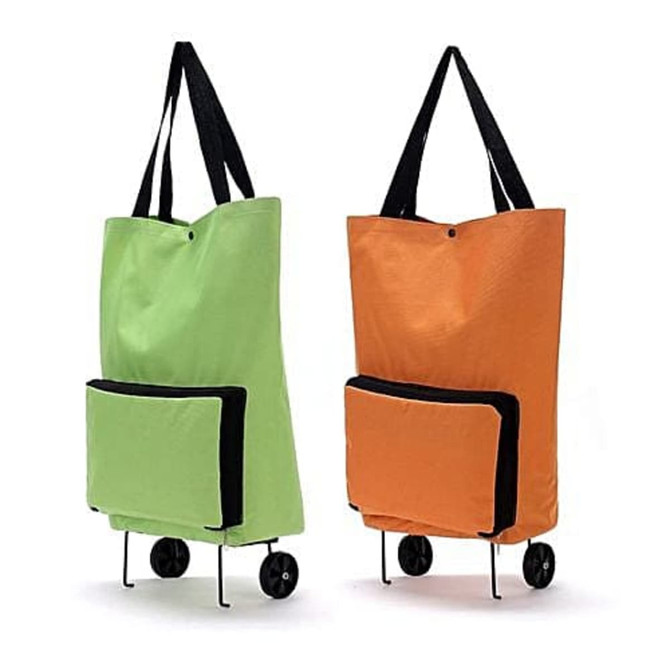 A green and an orange collapsible shopping trolley bag with wheels and black trim. Each bag features a front pocket.