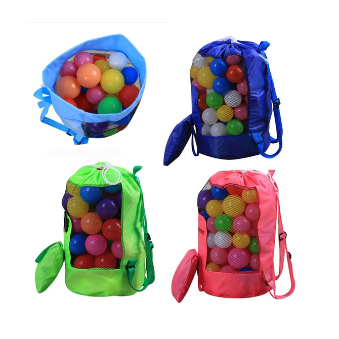 Foldable mesh drawstring backpacks in blue, green, pink, and a light colour, filled with colourful balls. Each has a logo.
