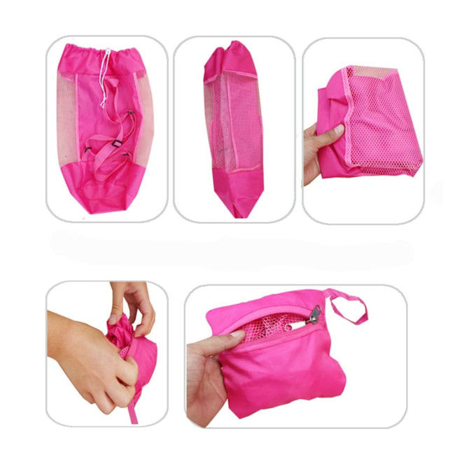 A pink foldable mesh drawstring backpack, shown in various positions, highlighting its compact design and mesh details.