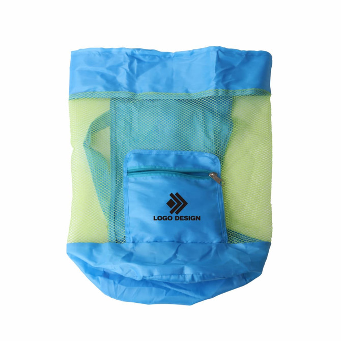 A foldable mesh drawstring backpack in blue and yellow, featuring a zipped front pocket and a logo.