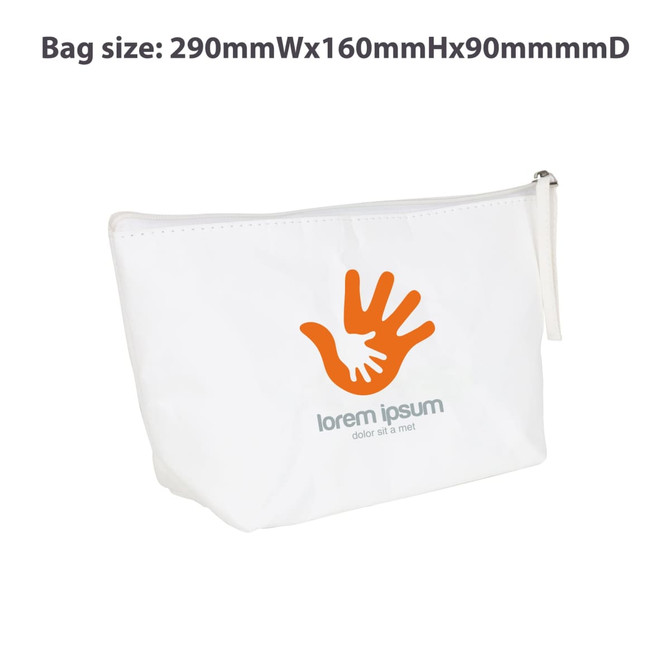 A white cosmetic bag with a logo and a hand graphic, featuring a zipper closure, measuring 290x160x90mm.