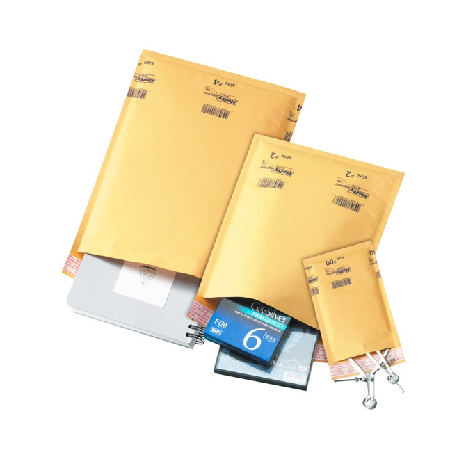 A range of padded bubble envelopes in various sizes, featuring a logo, all in a golden yellow colour.