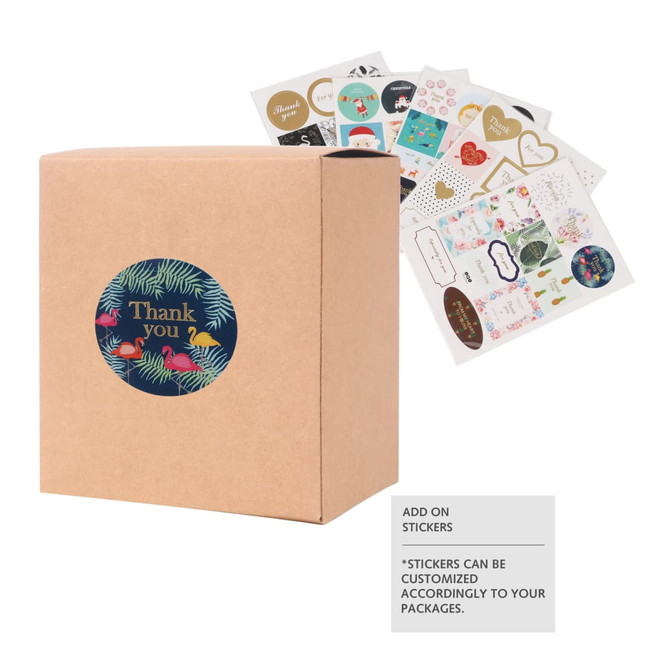 A medium square gift box in brown kraft with a colourful circular logo. Includes decorative stickers in the background.