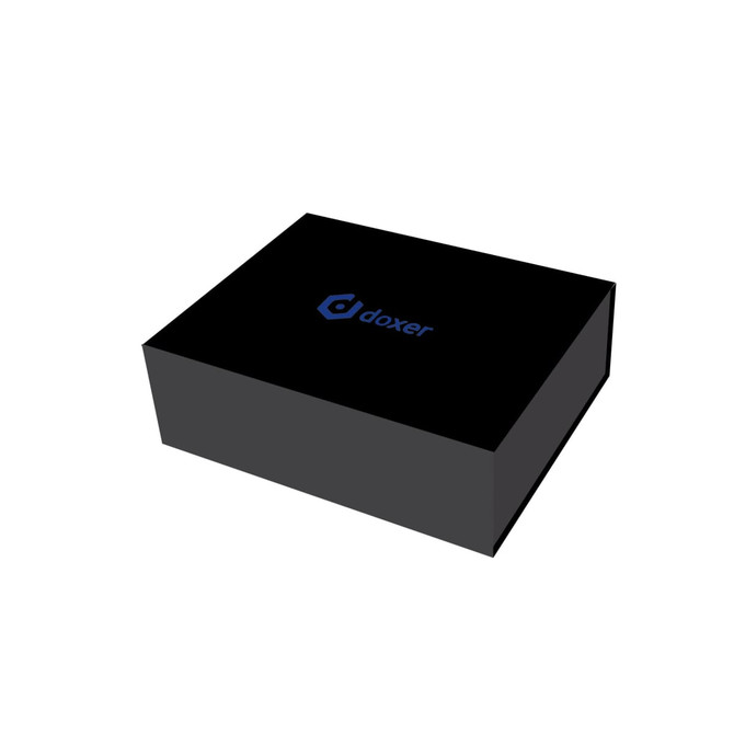 A large foldable magnetic box in black featuring a logo on the top.