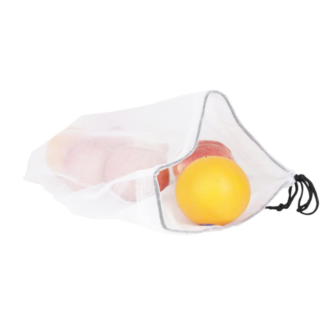A set of five mesh produce bags in white, containing various fruits, with a drawstring closure.