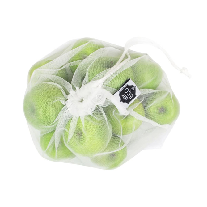 A translucent white produce bag containing several green apples, gathered at the top with a drawstring.