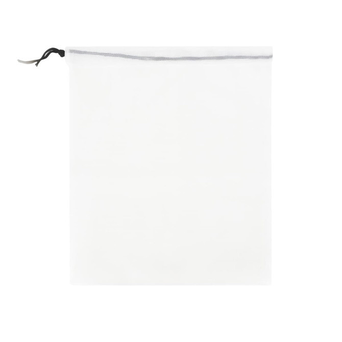 A white cotton mesh produce bag with a drawstring closure and a small logo at the top.