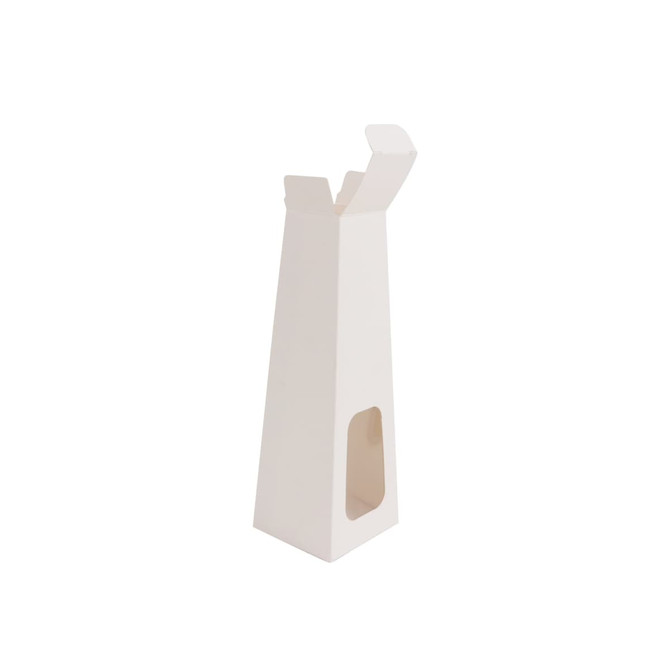 A white long style trapezoidal box with an open top and a cut-out section on the side, featuring a logo.