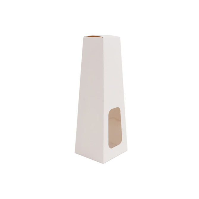 A white trapezoidal box with a clear window, featuring a simple design and a branded logo.