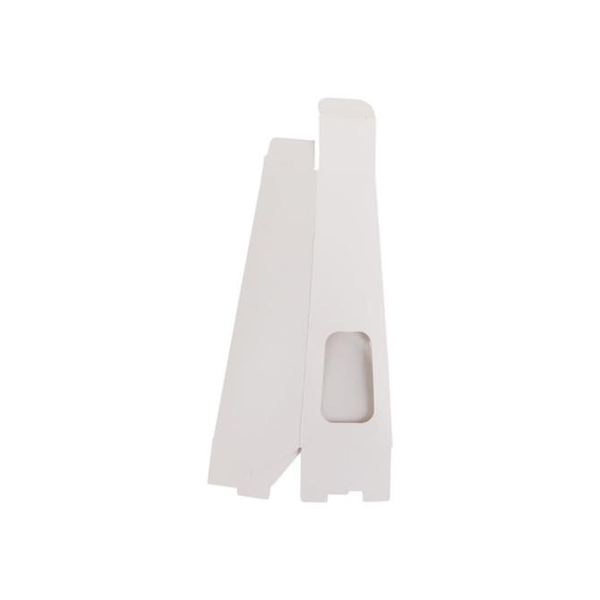 A white long style trapezoidal box with a window and a logo on the side.