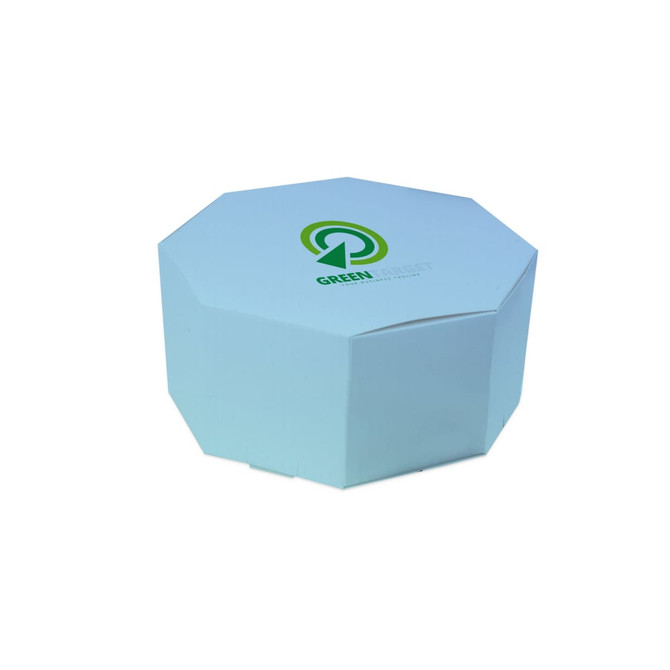 An octagonal kraft box in white with a logo on the lid.