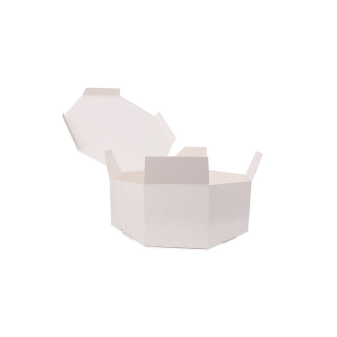 An octagonal white kraft box with an open lid, featuring an internal structure for secure contents.