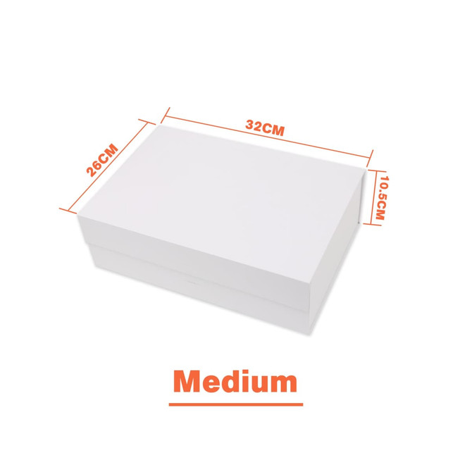 A medium, white foldable magnetic box with dimensions of 32cm x 26cm x 10.5cm, featuring a ribbon and a logo.