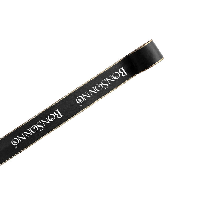 A black ribbon with gold edges, featuring a logo, and measuring 22mm in width.