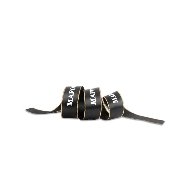 A black ribbon with gold edges, featuring a logo, displayed in a coiled arrangement.