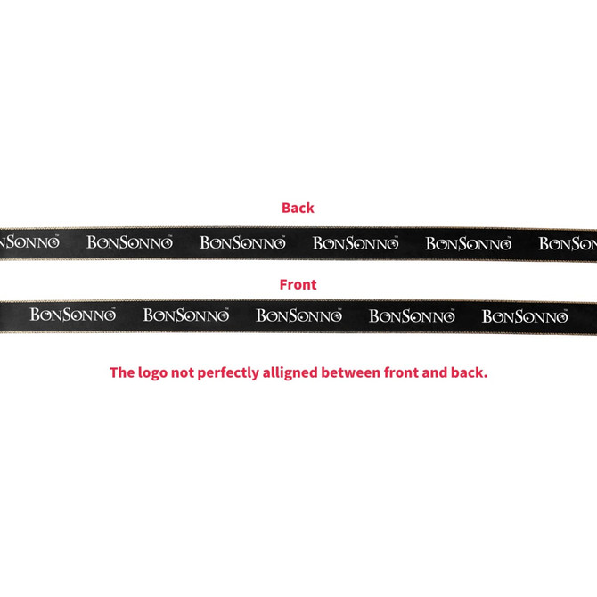 A ribbon featuring a gold-edged design with a black background and repeated branding on both sides.