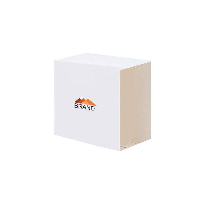 A white packaging sleeve featuring a logo in orange and black. The sleeve is square-shaped and unlabelled.