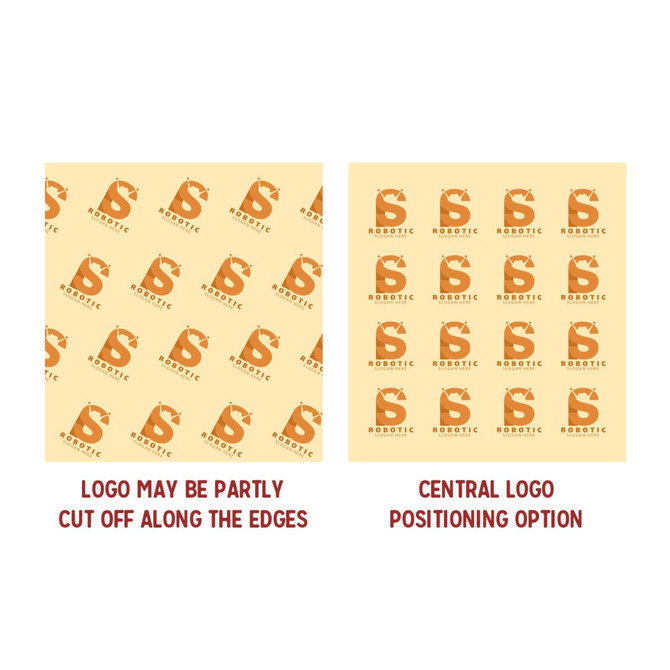A kraft paper sheet featuring a light yellow background with repeated patterns and a logo, showcasing different logo placements.