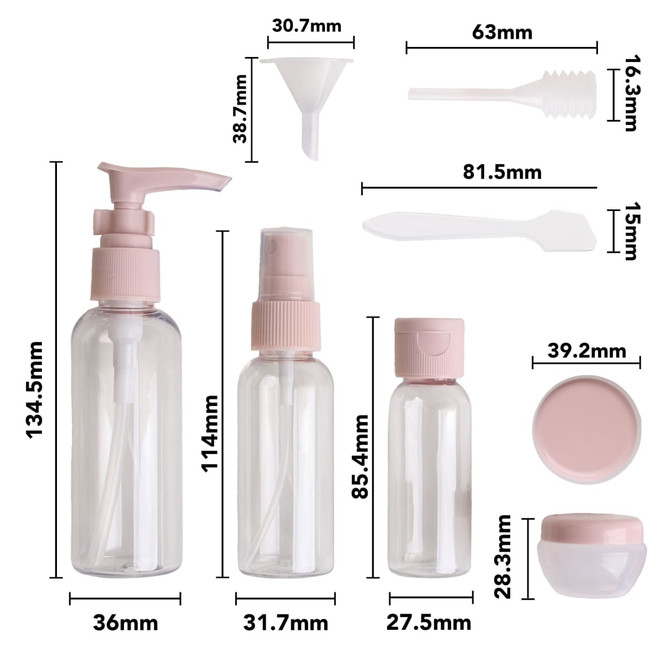 A pink PET cosmetic travel bottle kit, including various transparent bottles and accessories for toiletries.