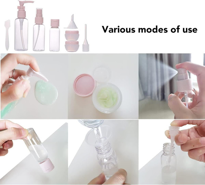 A set of clear and pink travel bottles with various tops, including spray and squeeze options, for cosmetic use.