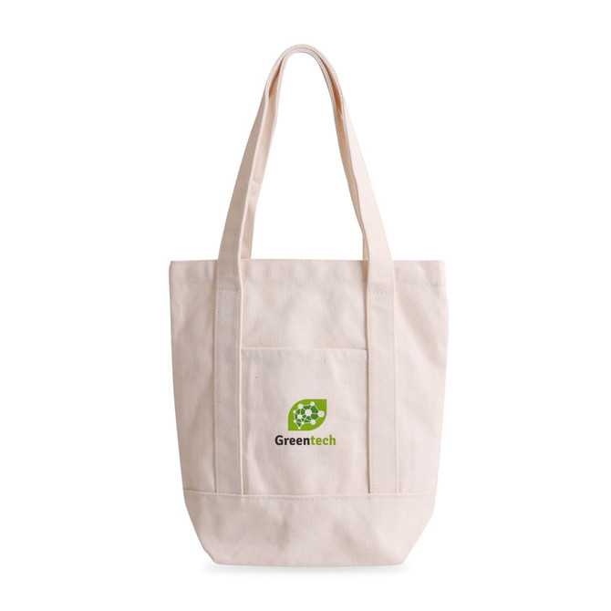 A heavy-duty tote bag in natural canvas with two sturdy handles and a front pocket, featuring a logo.