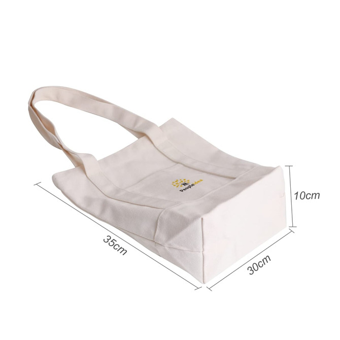 A cream-coloured heavy-duty tote bag with a square base and straps, featuring a logo on the front.