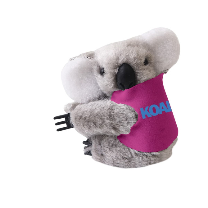 A plush koala toy in grey, featuring a pink attachment with a logo. Ideal for fun and games.