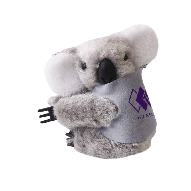 A grey koala plush toy with a pouch and a branding logo, featuring soft fabric and round ears.