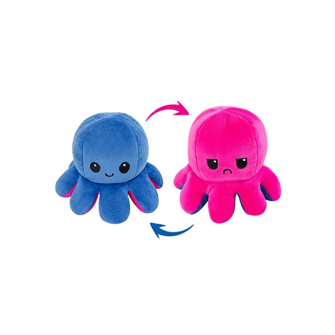 A blue and pink reversible octopus plush toy with a happy face on one side and a sad face on the other.