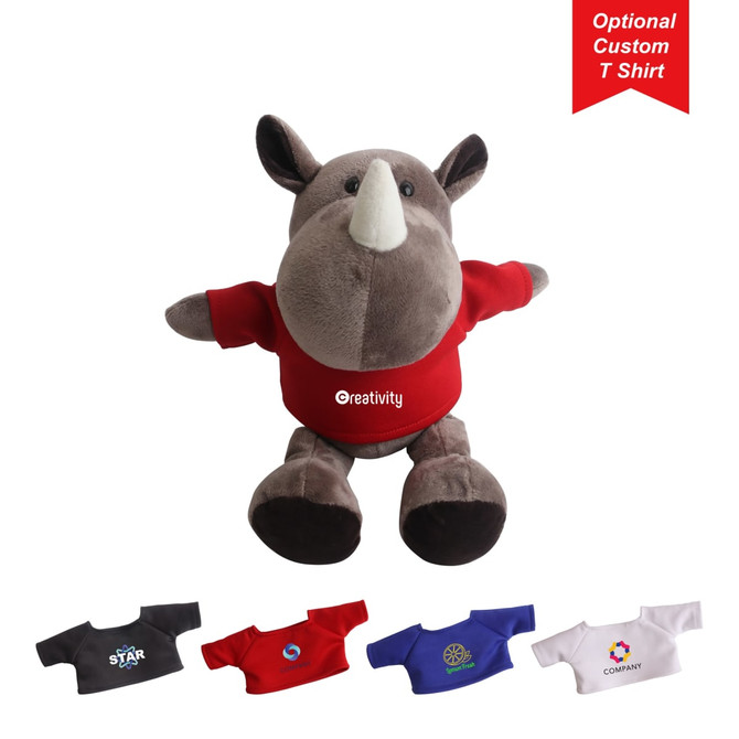 A grey rhinoceros plush toy wearing a red t-shirt, with different coloured optional t-shirts displayed below.