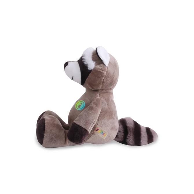 A plush raccoon toy in brown and grey, featuring a striped tail and a small logo on its side.