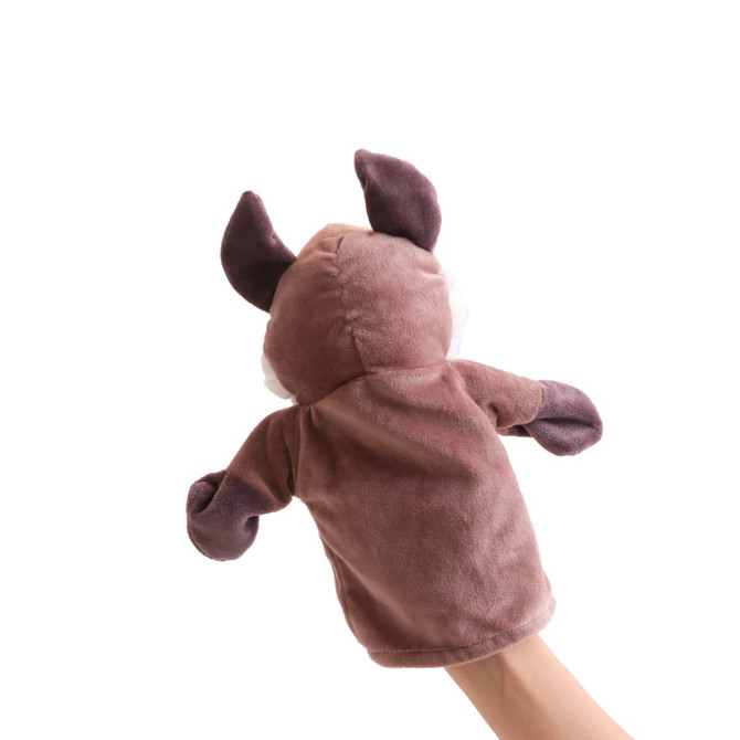 A brown wolf hand puppet with floppy ears and paws, featuring a soft plush texture. It has a simple design and a logo.