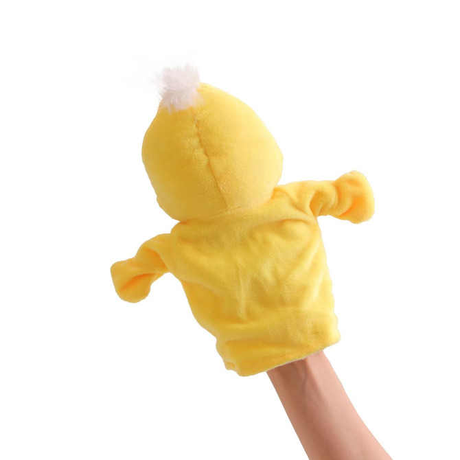 A yellow plush duck hand puppet with a white tuft on its head, featuring an arm for puppeteering.