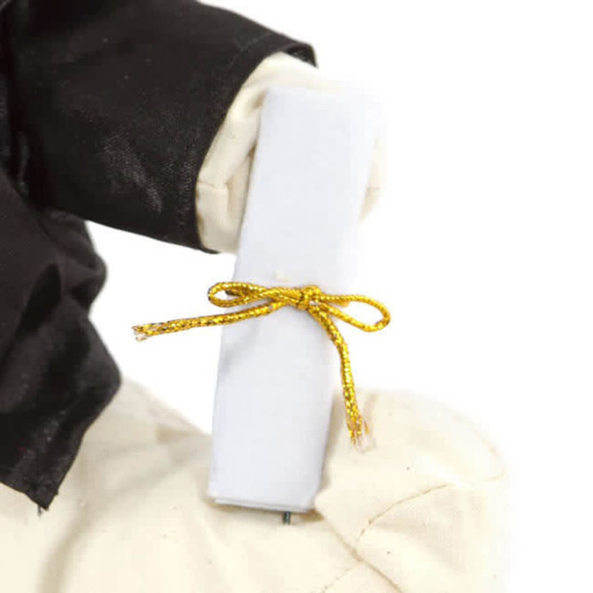 A plush bear dressed in a graduate's outfit holding a rolled diploma tied with a gold ribbon.