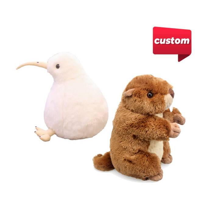 A white plush kiwi bird and a brown plush animal with smaller companions, both featuring customised designs.