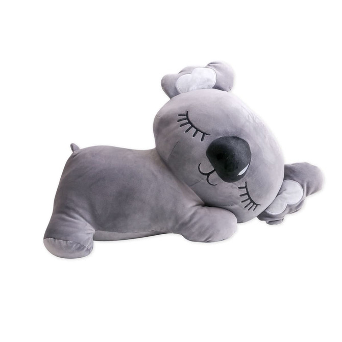 A grey koala plush toy featuring a sleeping expression and soft texture. It includes a blanket for added comfort.