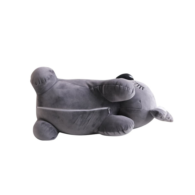 A grey animal plush toy, designed as a soft pillow with limbs, featuring a zip for storage.