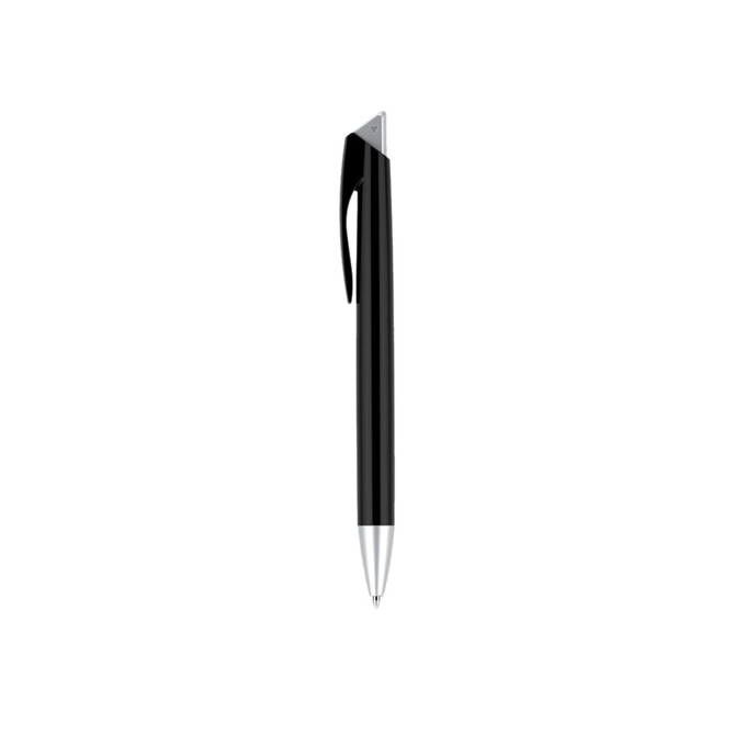 A black plastic pen with a silver tip and clip, featuring a logo.