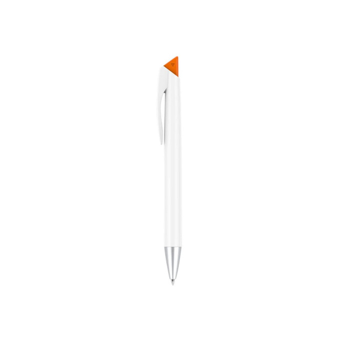A white pen with an orange triangular accent and silver clip, featuring a logo on the barrel.