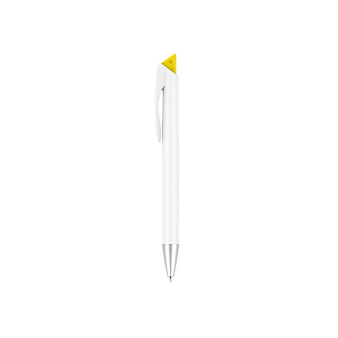 A pen featuring a white body with a yellow tip and a silver clip, displayed against a plain background.
