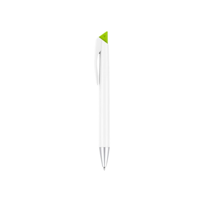 A gray pen with a white barrel and a green triangular top, featuring a clip and a shiny silver tip.