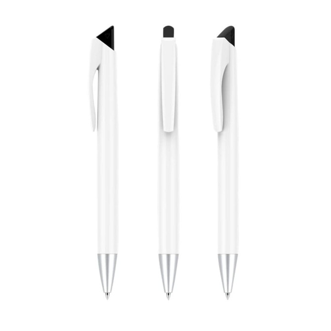 A set of three sleek gray pens featuring a white body and black accents, each with a clip and a silver tip.
