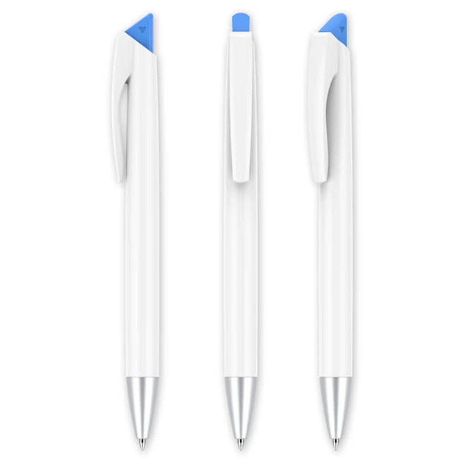 A set of grey pens with blue accents and a silver tip, featuring a logo on their body.
