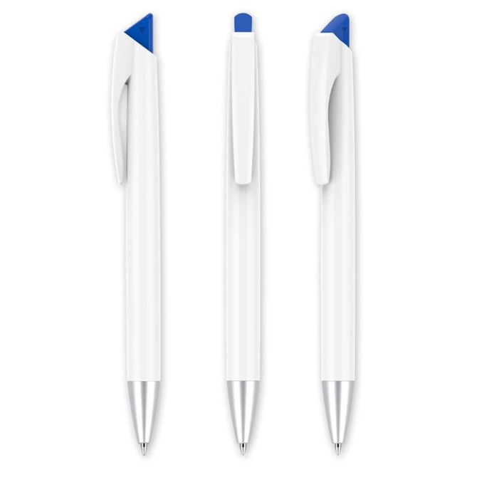 A set of three grey pens with blue accents and silver tips, featuring a logo on each pen.