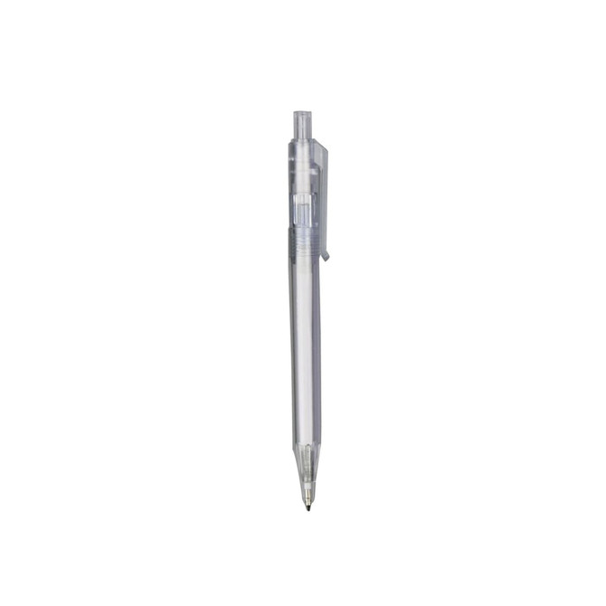 A transparent barrel pen with a silver clip and black ink tip, featuring a logo on the body.
