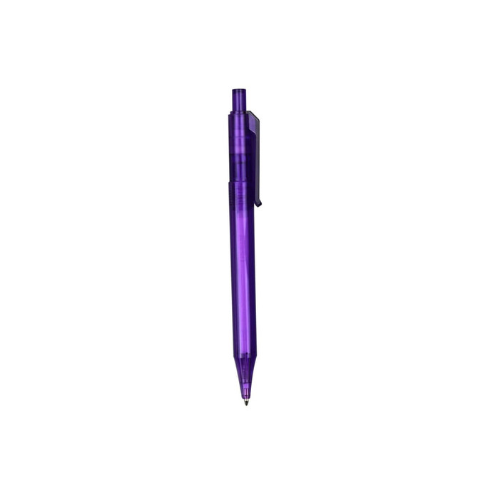 A transparent barrel pen in vibrant purple, featuring a clip and a black tip. The pen includes a logo.